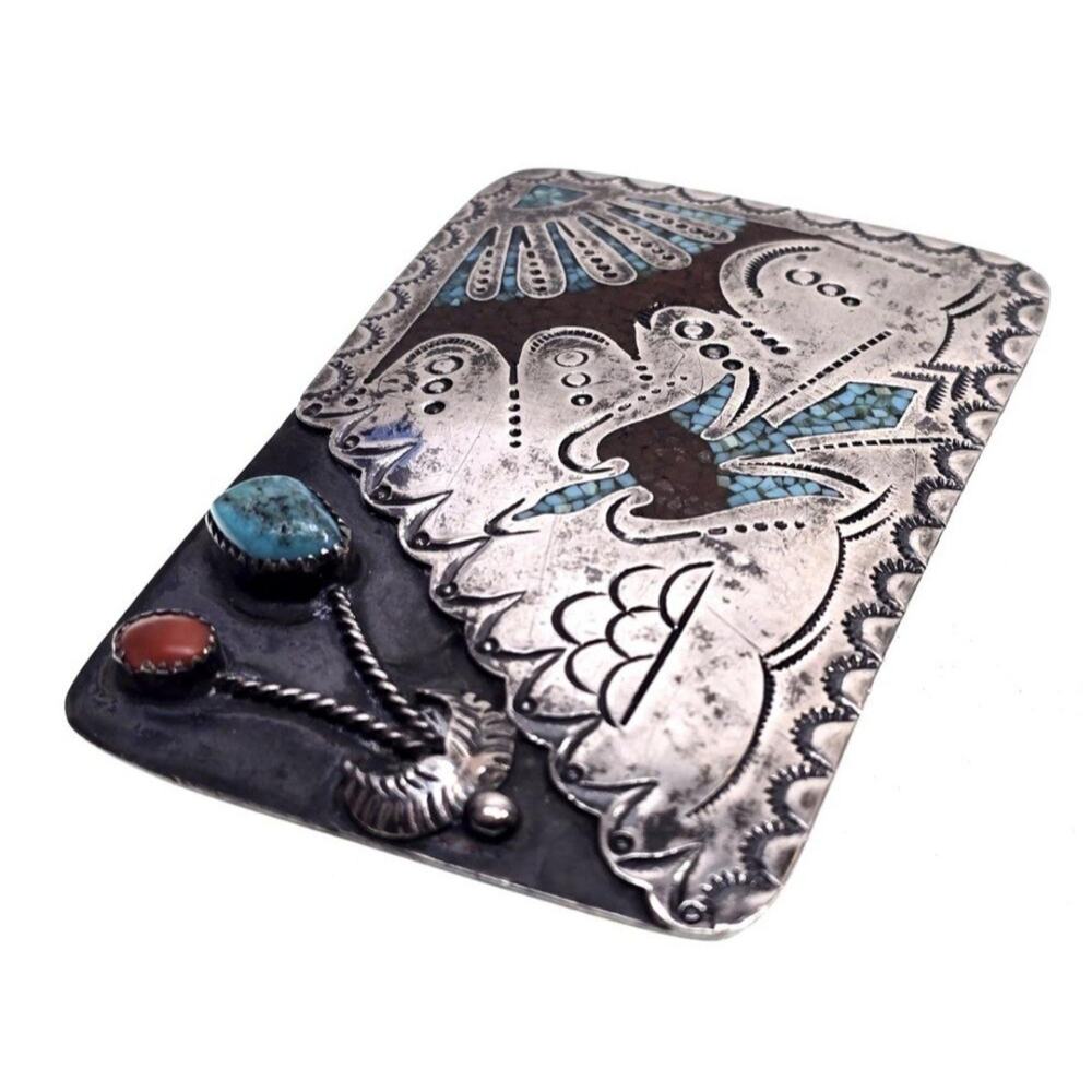VINTAGE Navajo Sterling Silver Peyote Bird Belt Buckle TA Signed Turquoise Coral - Picture 3 of 6